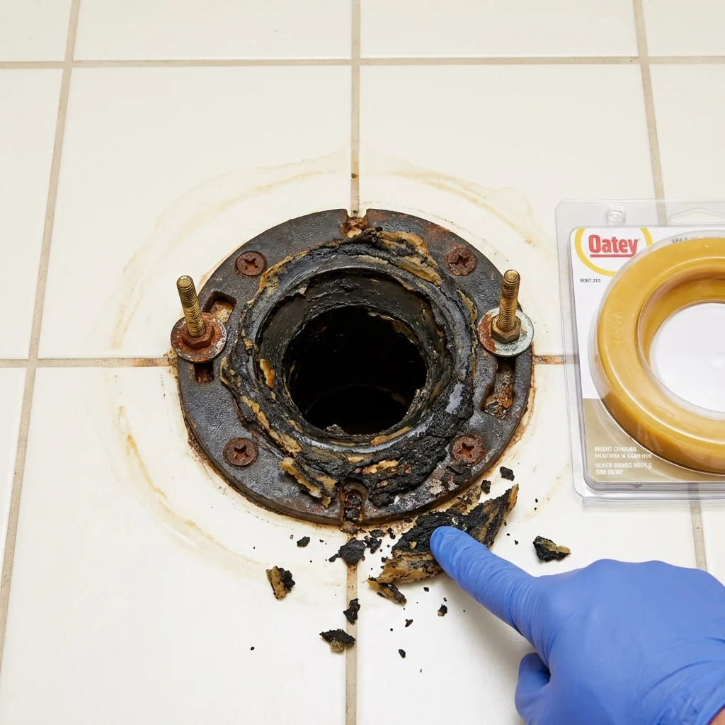 Failed wax ring showing water seepage at the base of a toilet in a Barrington, NH home