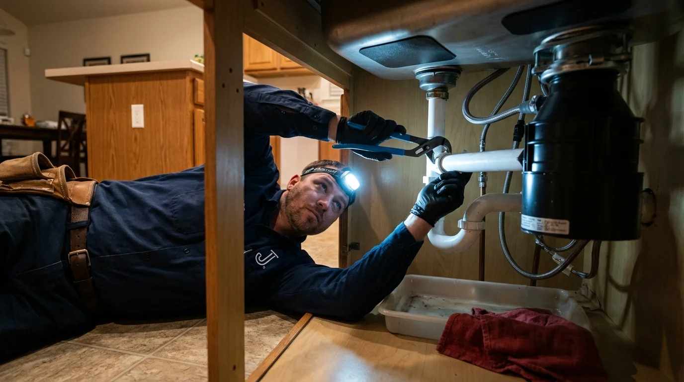 P-trap and supply line connections under a kitchen sink showing a common leak point in Barrington, NH